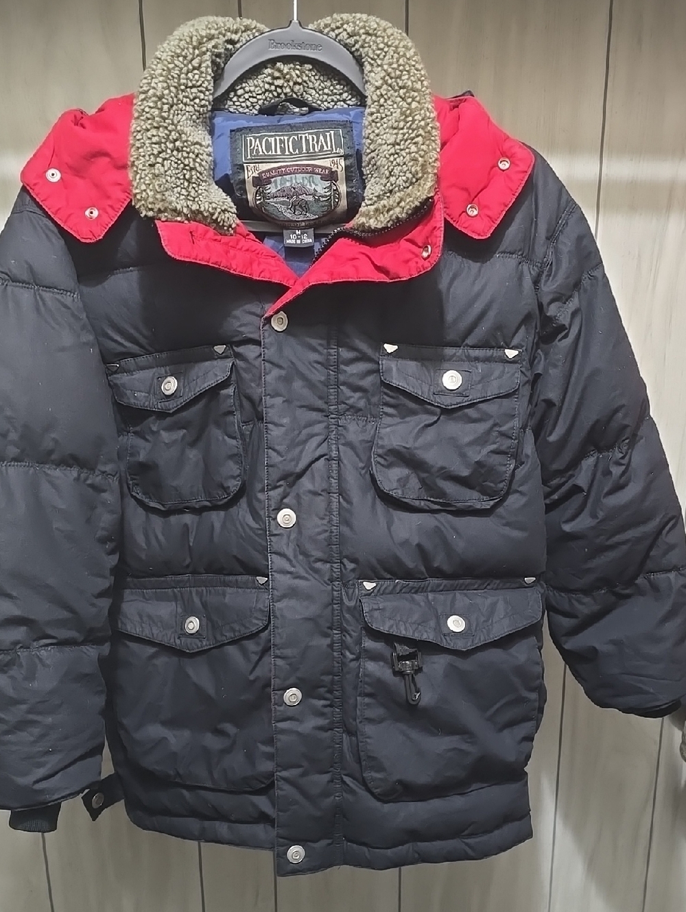 Vintage Pacific Trail Black Puffer Jacket with Red Hood Trim